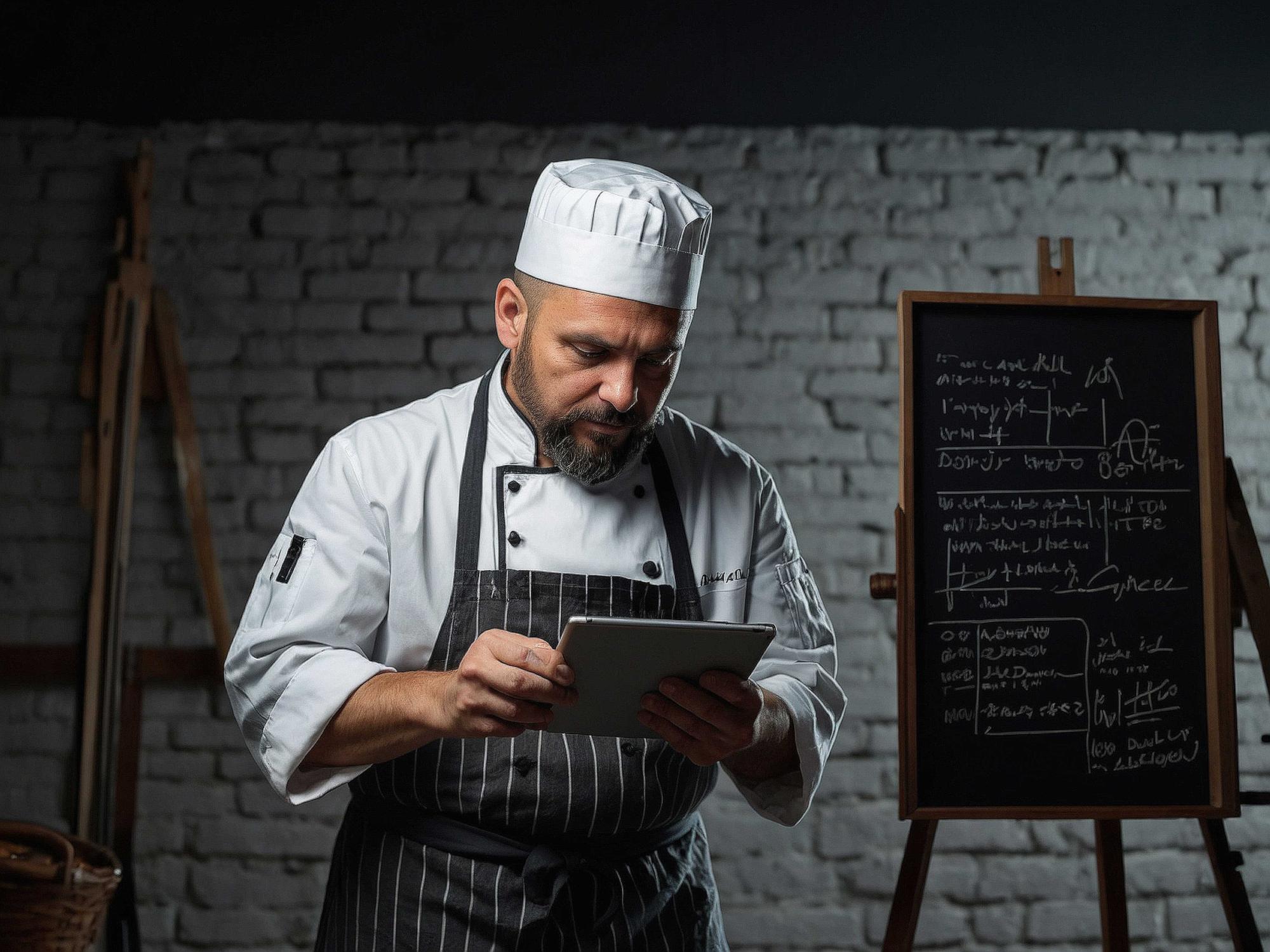 Szef kuchni pracujący z tabletowym planem serwowania